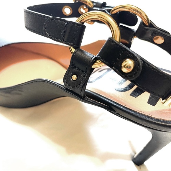 MOSCHINO Black Leather Logo Charm Ankle Strap Heels Size 37 - Picture 4 of 7